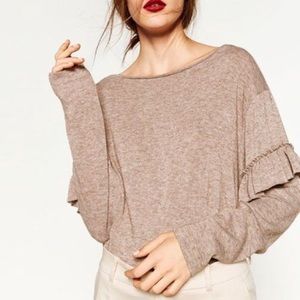 Zara Flutter Ruffle Sleeve Sweater in Taupe/Beige